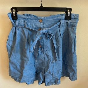 Light blue denim paper bag shorts